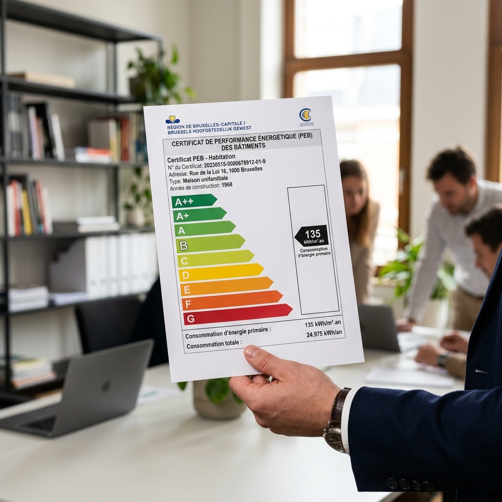 Certificat de Performance Énergétique (PEB) belge avec l'échelle de A++ à G