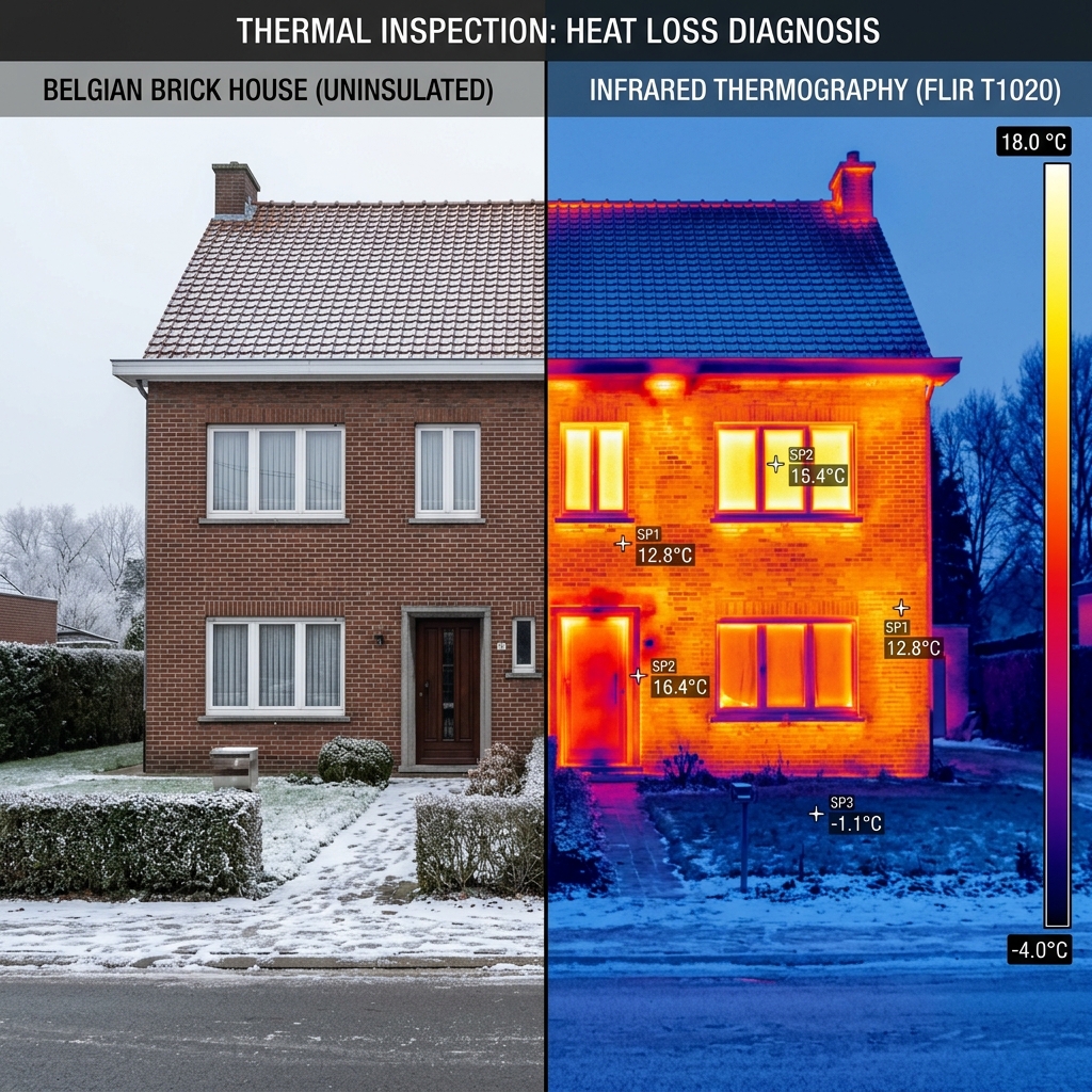 Thermographie infrarouge d'une maison belge non isolée